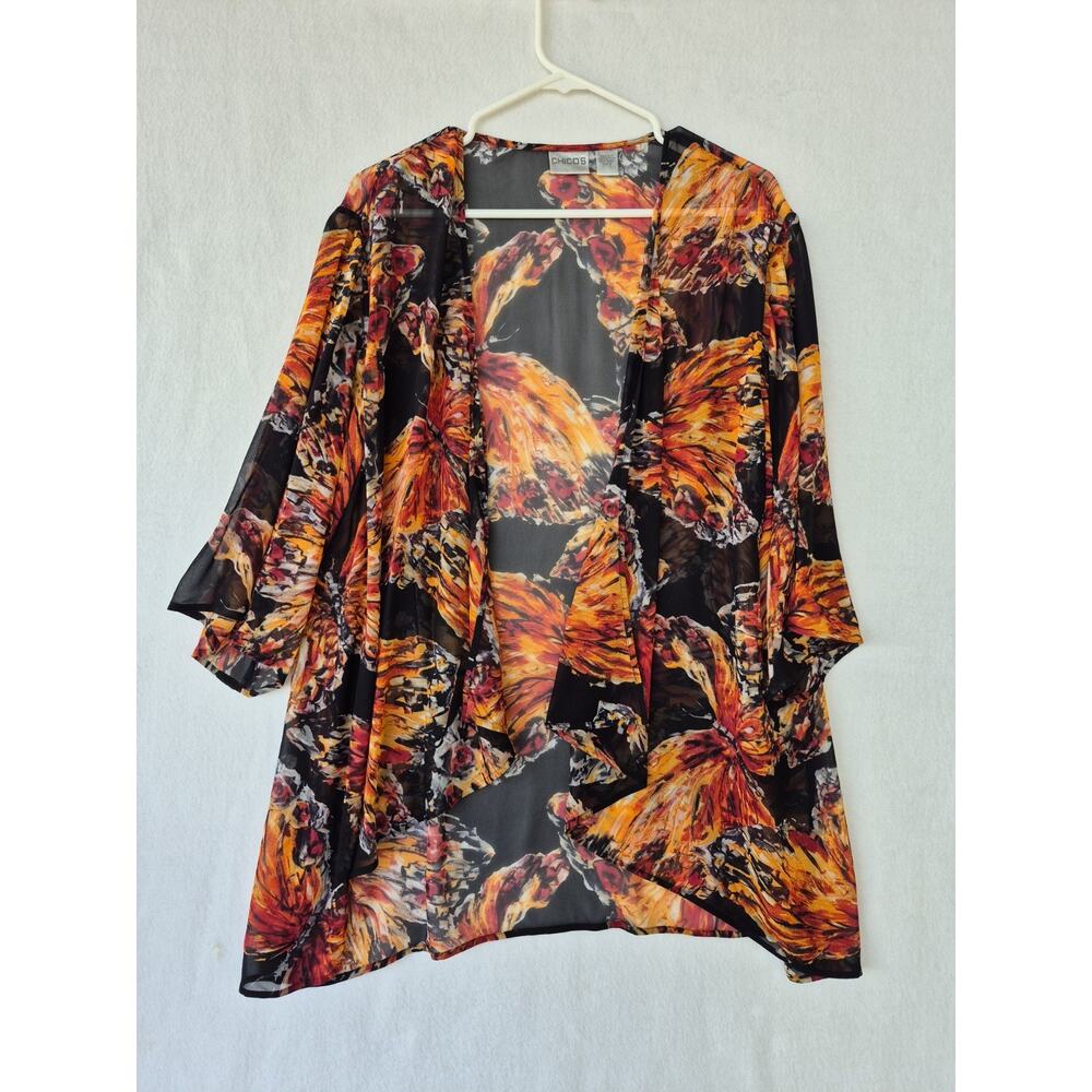Chicos Women Sz 2 Sheer Kimono Open Front Top Butterfly Print 100% Silk